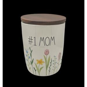 Rae Dunn # 1 Mom Short Canister Wood Lid Watercolor Flowers Mother’s Day 5.5 In